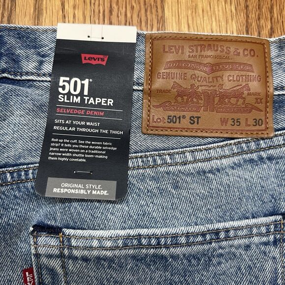 Levis Mens 501 Slim Taper Distressed Selvedge Denim Light Wash Jeans Size 35x30 - Picture 10 of 12